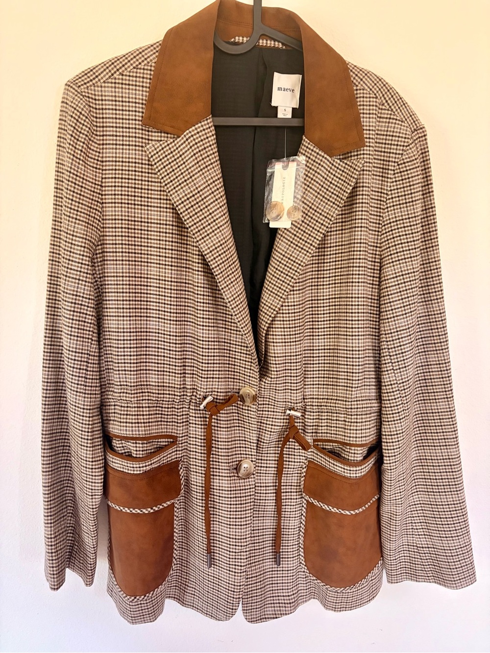 Maeve Plaid Blazer with Brown Suede-Trim Accents